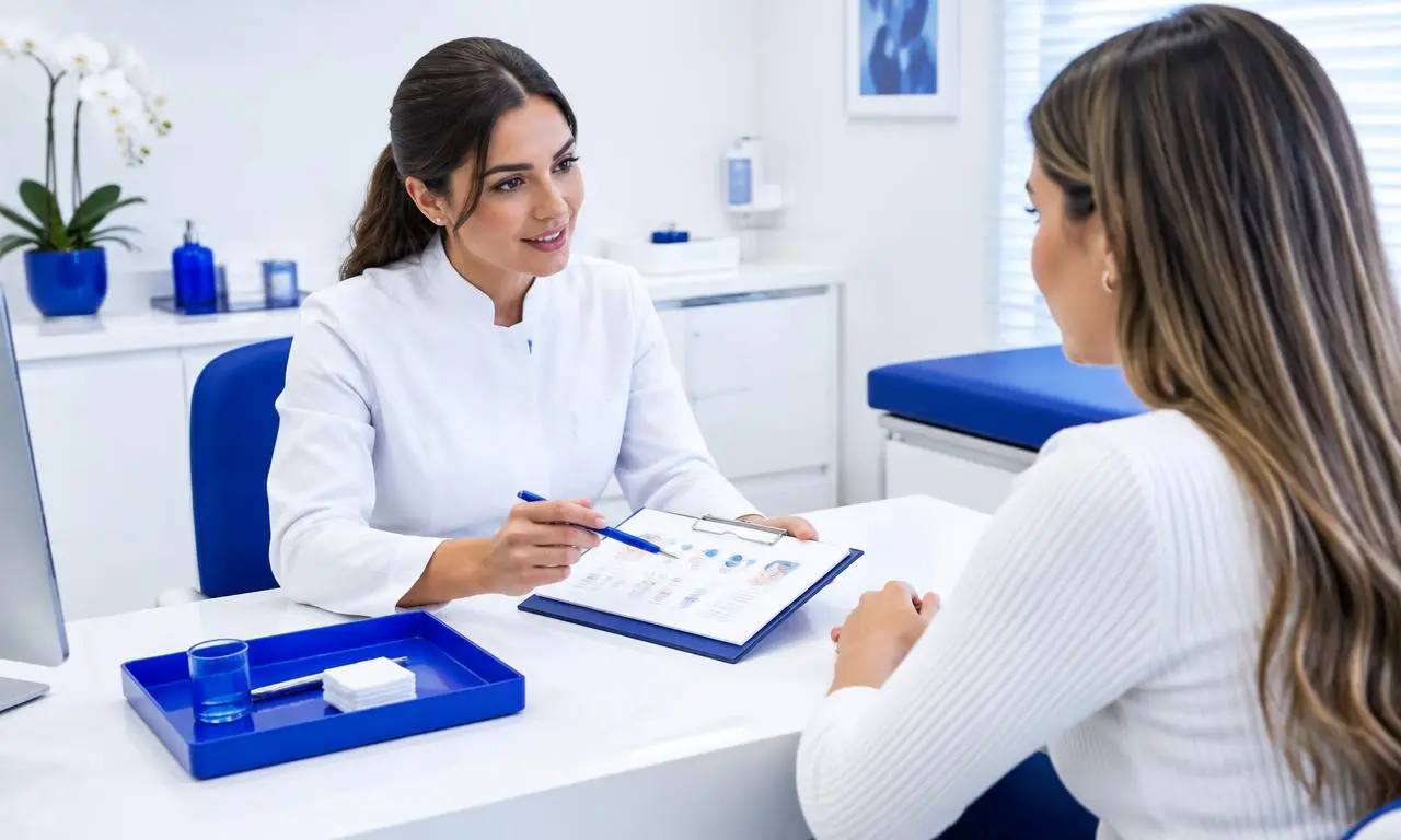 Profissional de estética conversando sobre um plano de cuidado