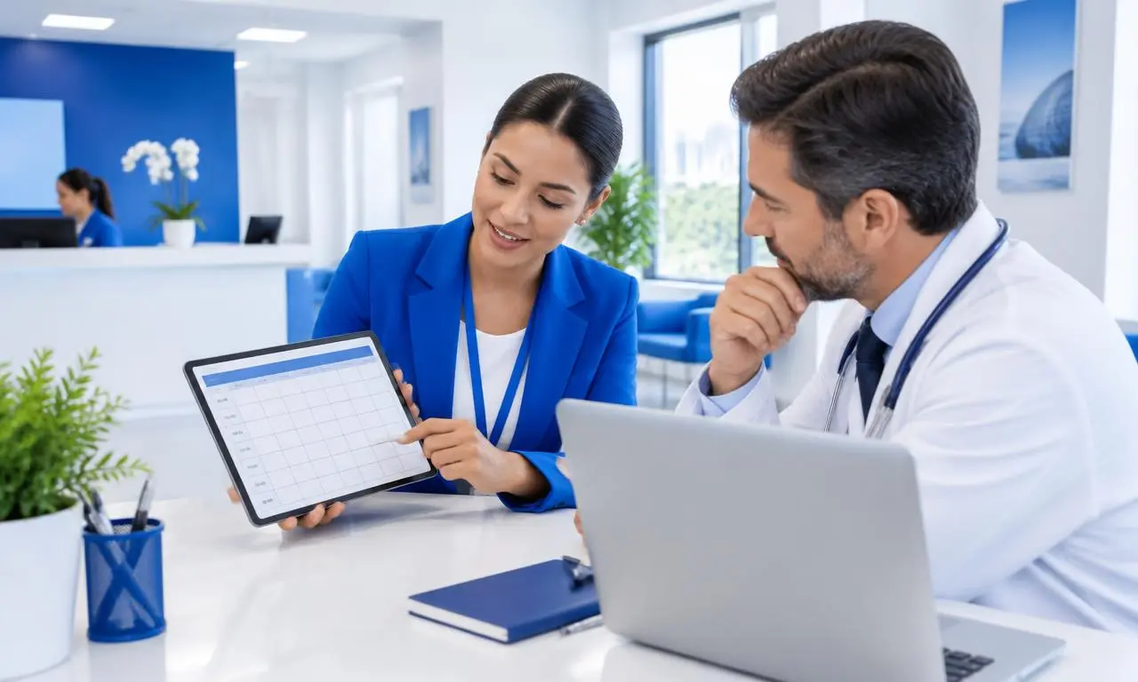 Recepcionista e médico revisando a disponibilidade da agenda