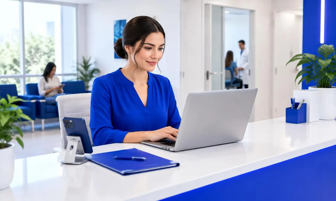 Recepcionista usando ferramentas de relacionamento na clínica