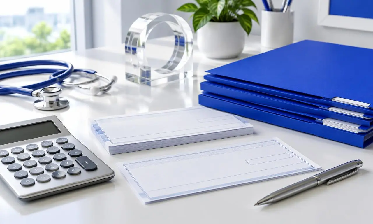 Documentos de pagamento e calculadora em mesa clínica