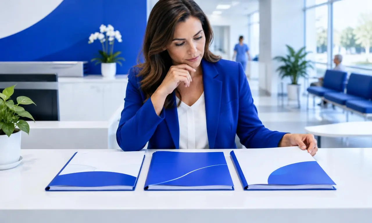 Gestora comparando propostas financeiras na recepção