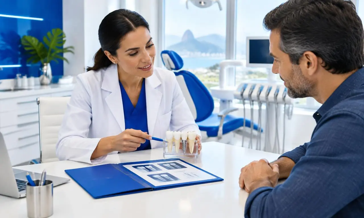 Dentista explicando um tratamento planejado ao paciente