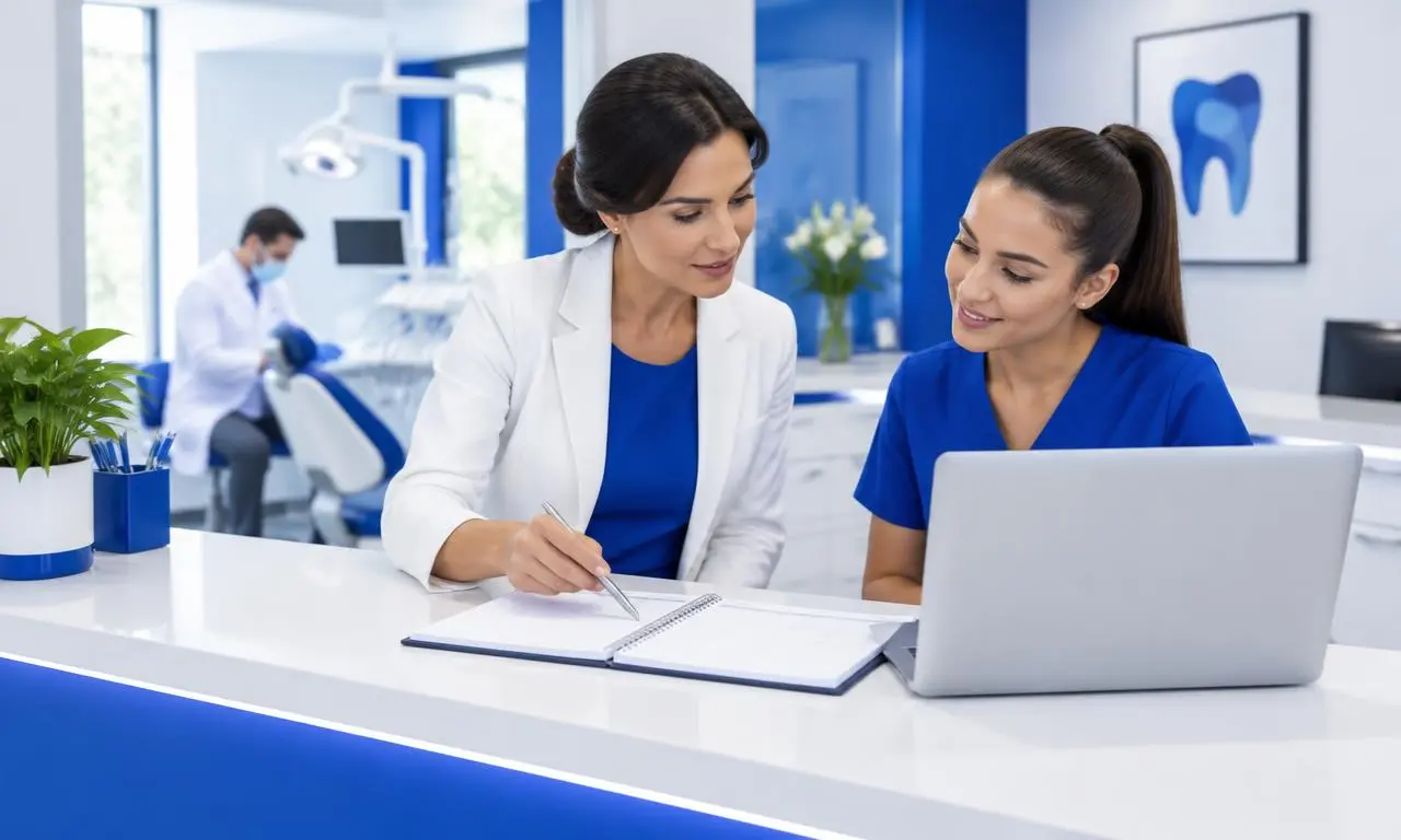 Gestora odontológica e recepcionista planejando a operação