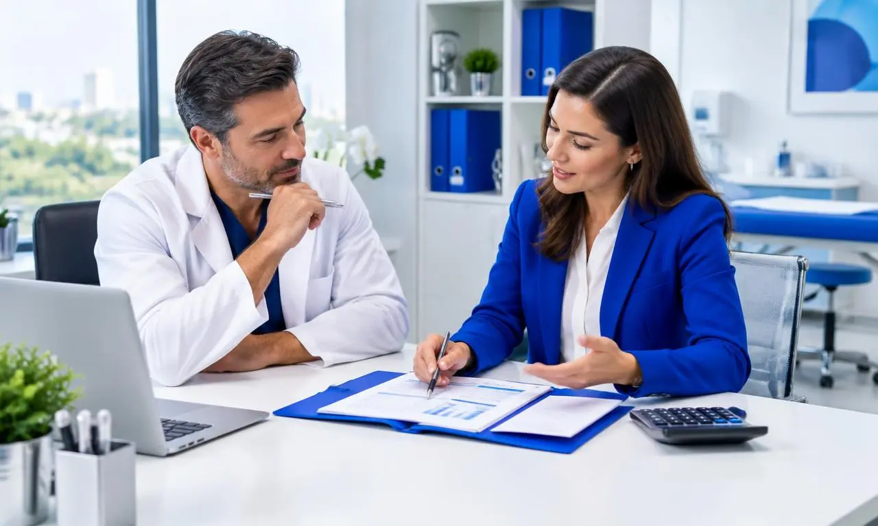 Gestor clínico avaliando financiamento com uma consultora
