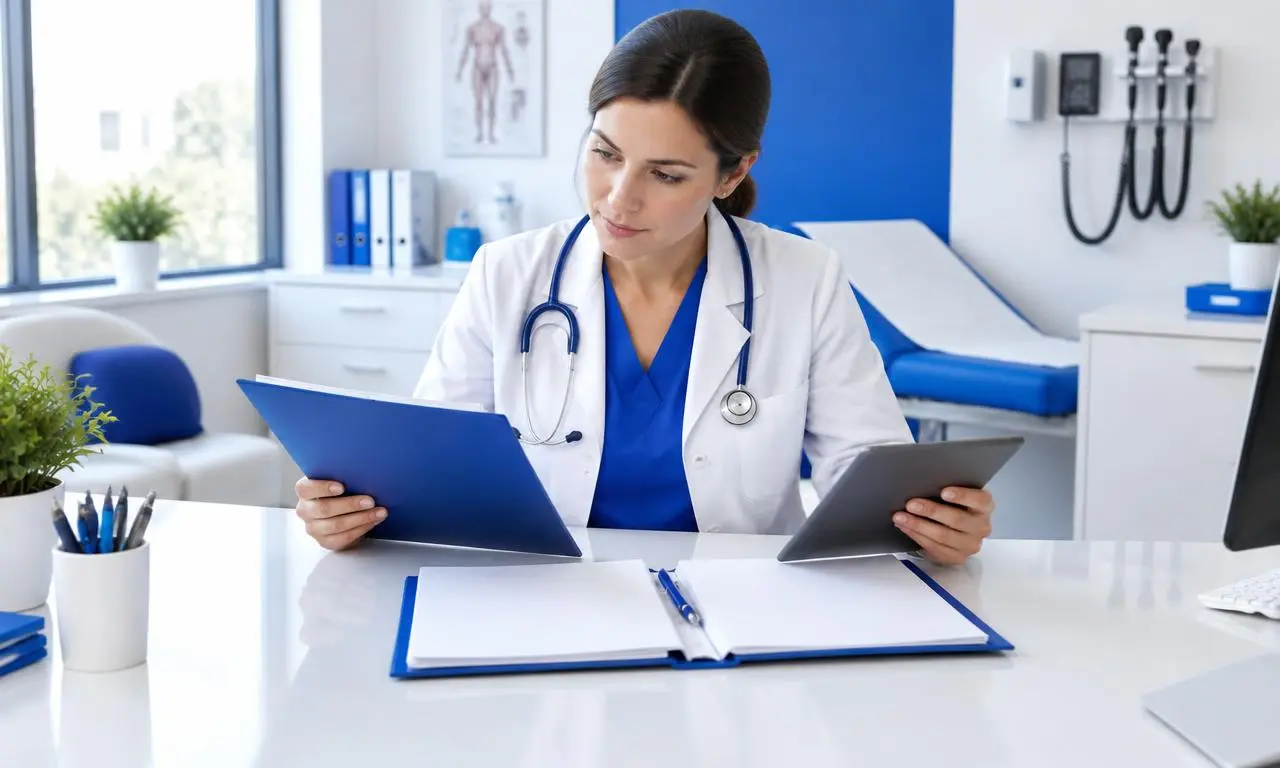 Profissional revisando registros e documentos de pacientes