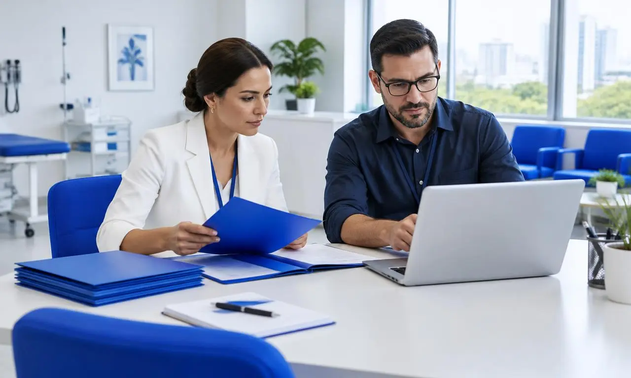 Gestora e consultor planejando ferramentas para a clínica